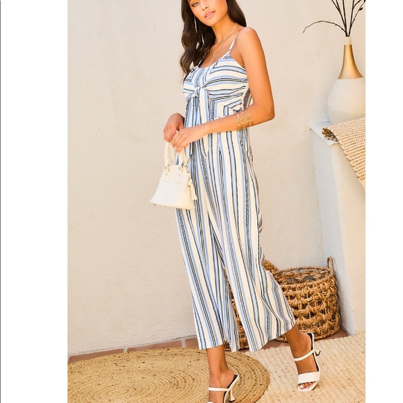 Main Strip Pants - Front Tie Wide Leg Stripe Jumpsuit